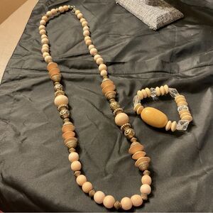 Chic Beige and Silvertone Beaded Necklace with Bead and Crystal Bracelet